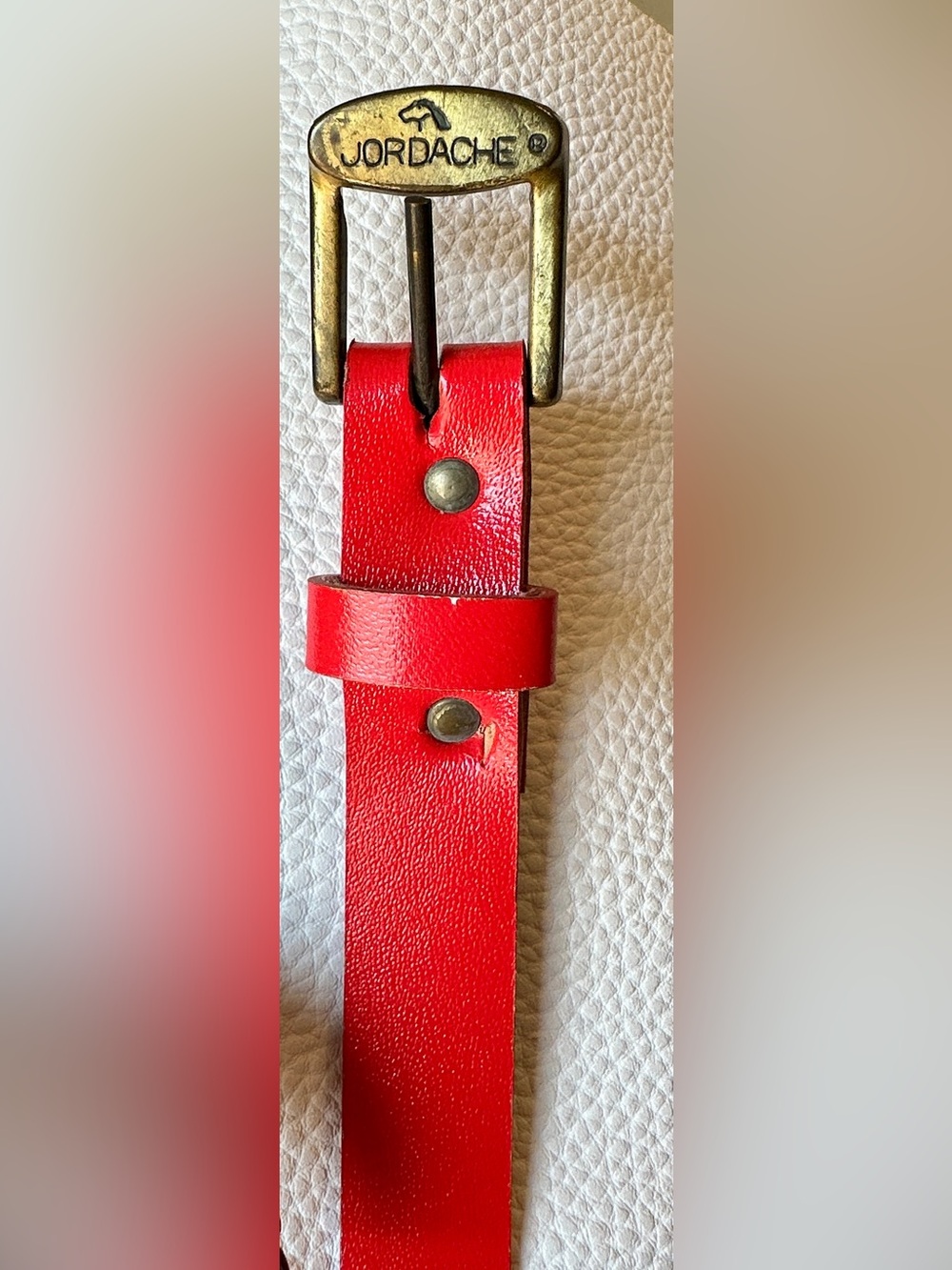 Vintage 1982 Jordache Red Leather Skinny Belt Horse Logo Buckle 30”
